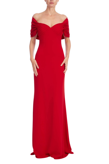 Red | Draped Off-the-Shoulder Trumpet Gown Front Red | Draped Off-the-Shoulder Trumpet Gown Front