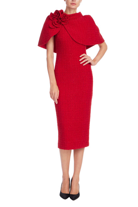 Red | Tweed Rosette Capelet Sheath Dress Front Red | Tweed Rosette Capelet Sheath Dress Front