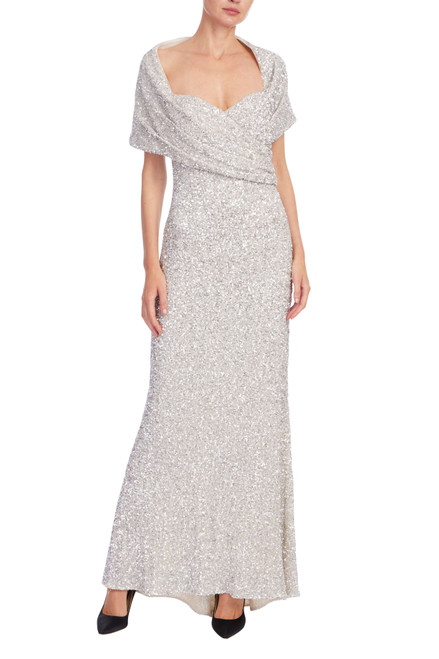 Silver | Draped Off the Shoulder Sequin Column Gown Front