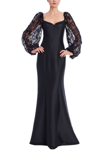 Black | Embroidered Lace Puff Sleeve Mermaid Gown Front Black | Embroidered Lace Puff Sleeve Mermaid Gown Front