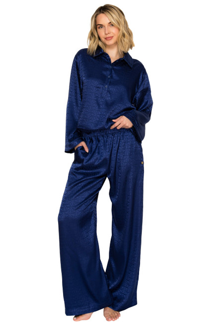 Blueberry | Luxe Monogram Satin Long Sleeve Wide Leg Pajama Set Front Blueberry | Luxe Monogram Satin Long Sleeve Wide Leg Pajama Set Front