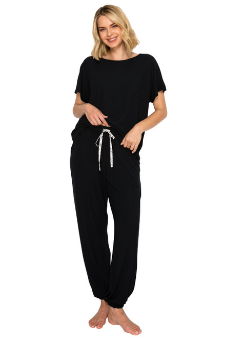 Jet Black | Luxe Rib Modal Blend Dolman Sleeve Jogger Set Front Jet Black | Luxe Rib Modal Blend Dolman Sleeve Jogger Set Front