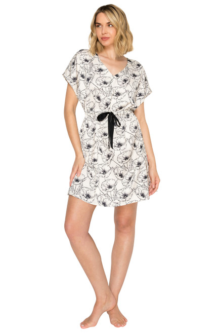 Ivory/Black Floral Print | Luxe Floral Satin Dolman Short Kaftan Front Ivory/Black Floral Print | Luxe Floral Satin Dolman Short Kaftan Front