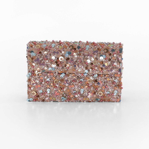 Taupe | Aurora Beaded Mini Trapezoid Clutch Front Taupe | Aurora Beaded Mini Trapezoid Clutch Front