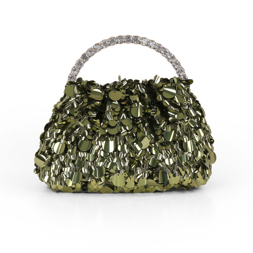 Green | Holly Crystal Handle Sequin Pouch Clutch Front Green | Holly Crystal Handle Sequin Pouch Clutch Front