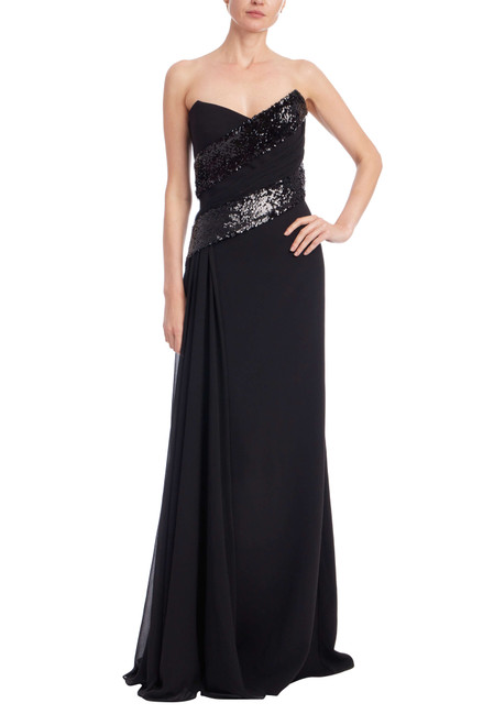 Black | Strapless Sequin Drape Gown Front