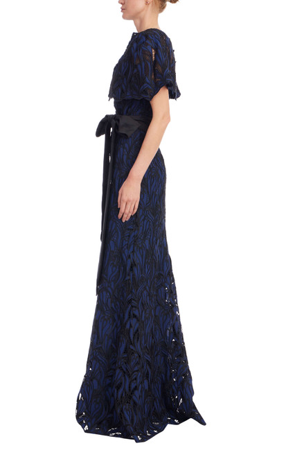 Navy Black | Lace Overlay Capelet A-Line Gown Side