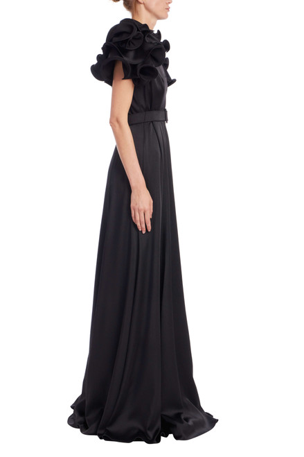 Black | Ruffle Shoulder Collared A-Line Gown Side