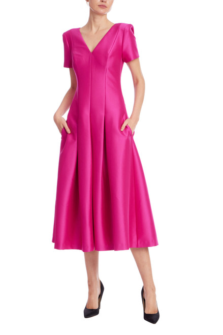 Fuchsia | Cap Sleeve Pleated Fit-and-Flare Midi Dress Front
