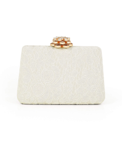 White | Rose Lace Frame Clutch Front