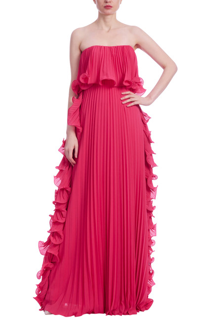Hot Fuschia | Strapless Ruffle-Trim Pleated Gown Front