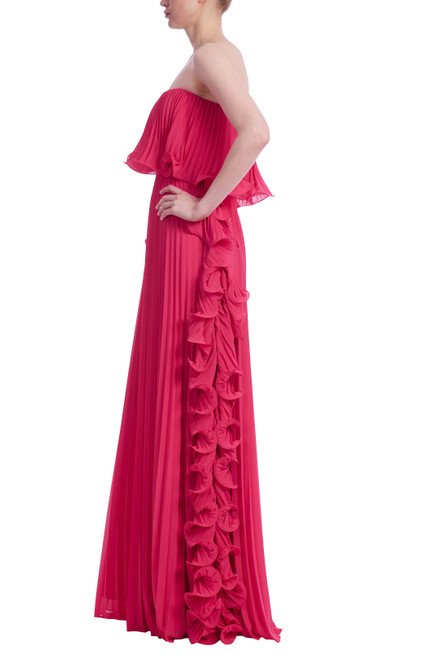 Hot Fuschia | Strapless Ruffle-Trim Pleated Gown Side