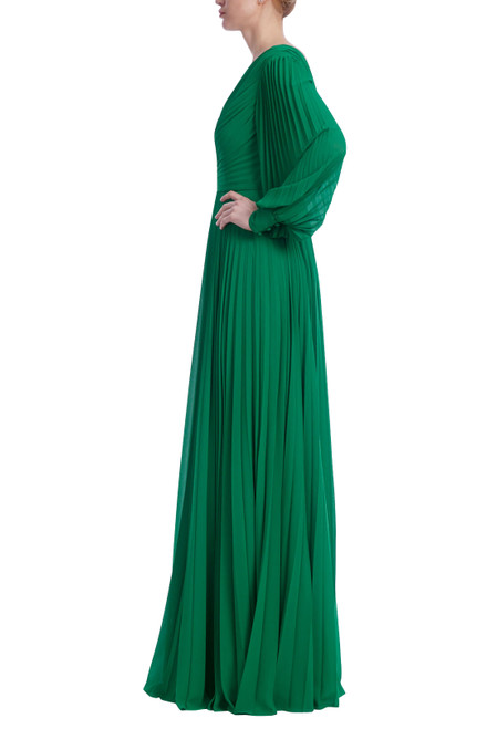Kelly Green | V-Neck Long Sleeve Pleated Gown Side
