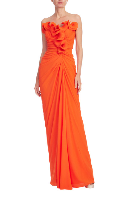 Red Orange | Strapless Pleated Ruffle Gown Front