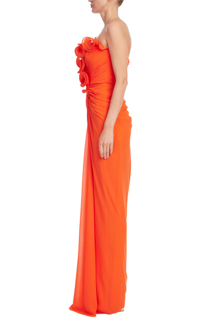 Red Orange | Strapless Pleated Ruffle Gown Side