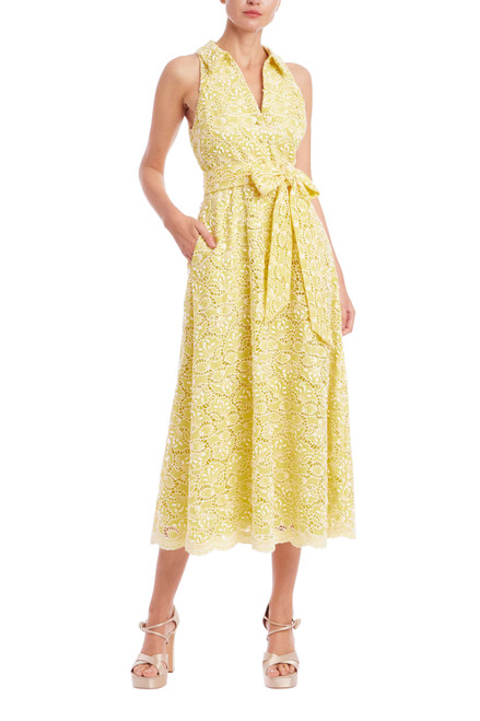 Yellow | Sleeveless Eyelet Lace Belted Day Dress Front