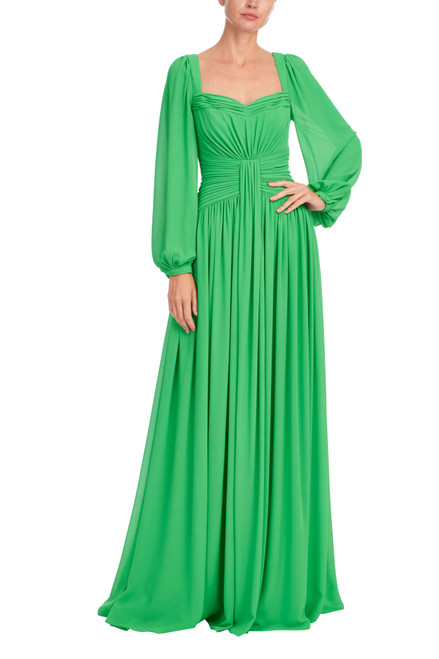 Emerald | Pleated Sweetheart Bishop Sleeve Gown Front