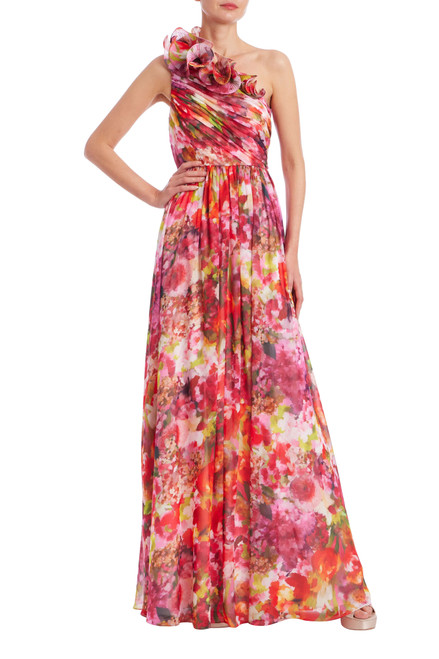 Pink Multi | One-Shoulder Ruffle Floral Print Gown Front