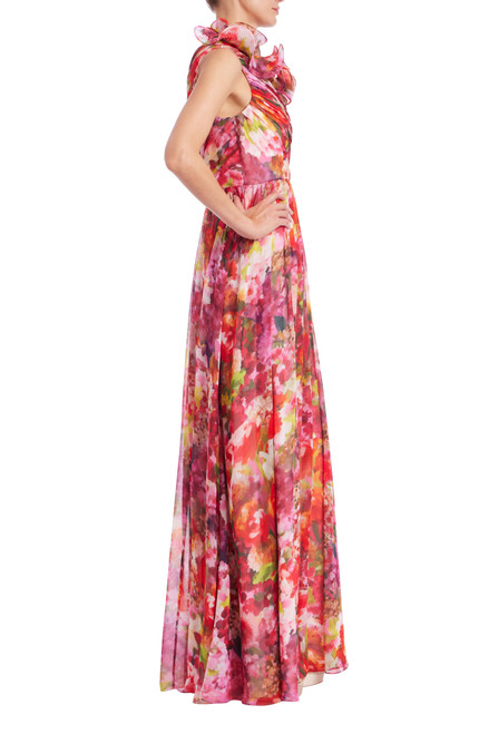 Pink Multi | One-Shoulder Ruffle Floral Print Gown Side
