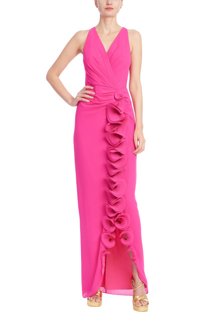 Magenta | Sleeveless V-Neck Gown with 3D Rosette Ruffle Front
