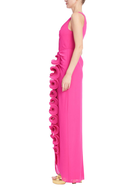 Magenta | Sleeveless V-Neck Gown with 3D Rosette Ruffle Side