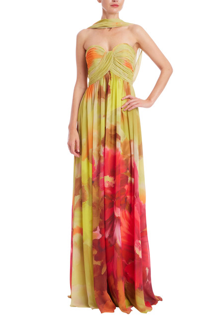 Pink Multi | Strapless Floral Print Chiffon Gown with Scarf Front