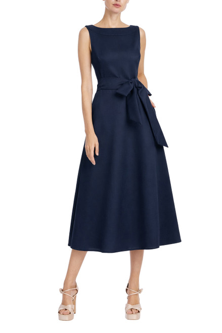 Navy | Boatneck Pebble Gazar A-Line Midi Dress Front