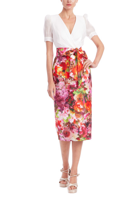 Pink Multi | Floral Print Mixed Media Shirt Dress Front