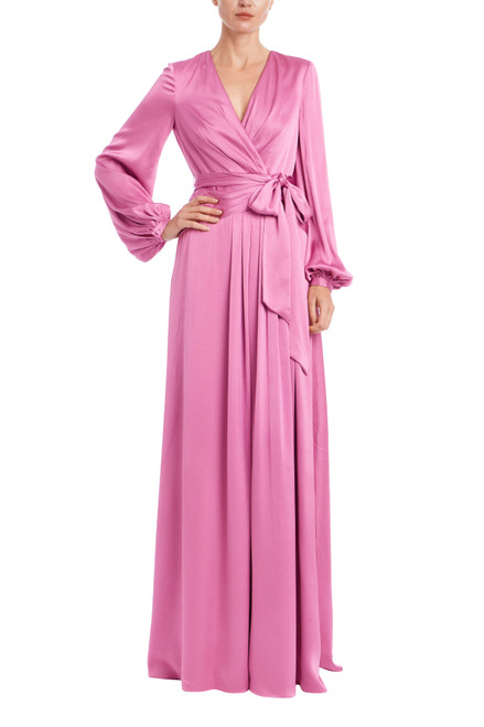 Mauve | Satin Faux-Wrap Long Sleeve Gown Front