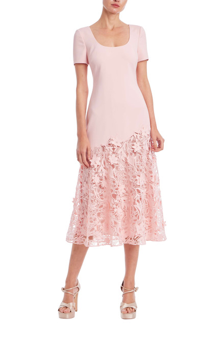 Blush | Short Sleeve Lace Trim A-Line Dress Front