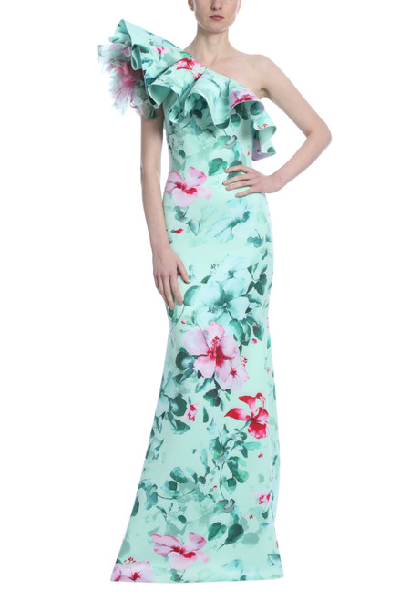 Mint Multi | Runway Tropical Print Scuba Gown
