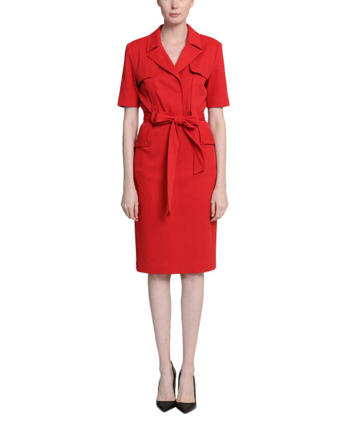 Red Belt Loop Tie Waist Day Dress Front