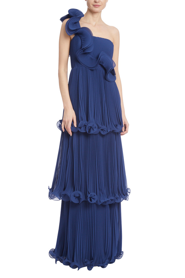 Tiered Pleated One Shoulder Evening Gown by Badgley Mischka