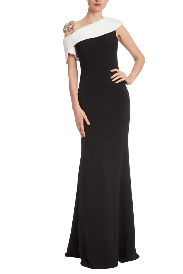 Two-Tone Column Gown with Beaded Shoulder by Badgley Mischka