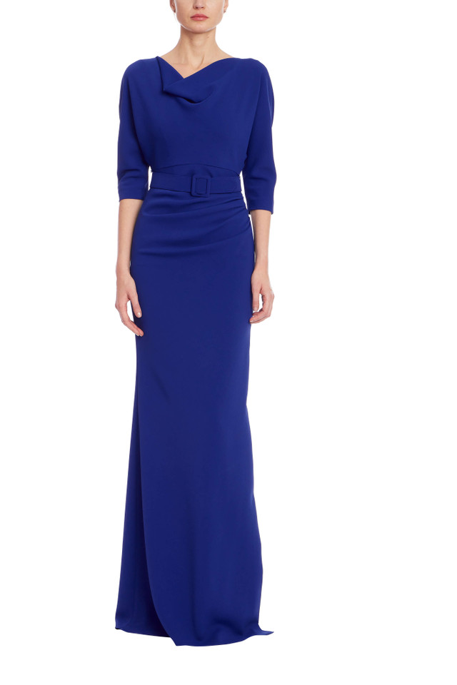 Teal Velvet & Crepe Cowl Neck Column Gown