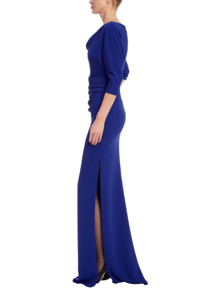 Teal Velvet & Crepe Cowl Neck Column Gown