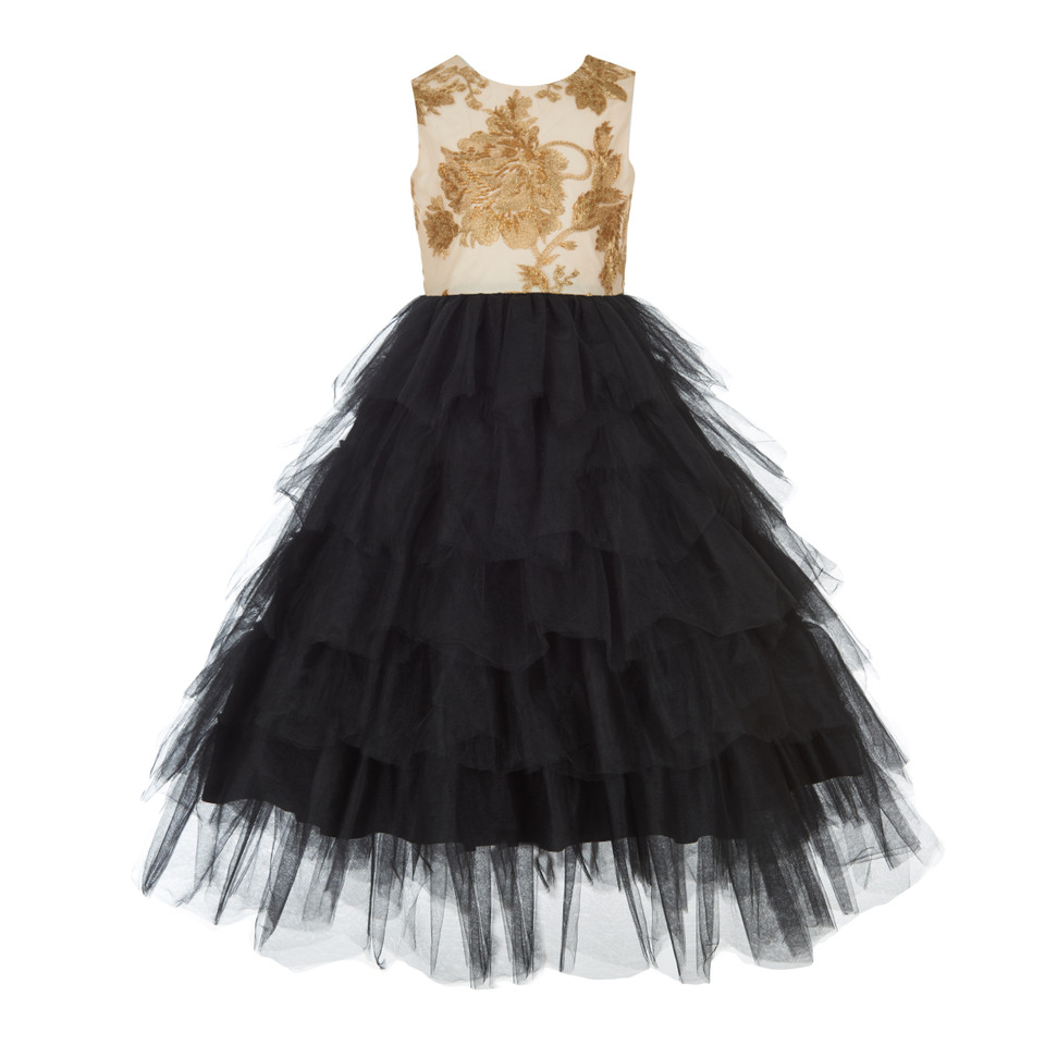 SALE *Badgley Mischka* チュールスパンコールドレス Gold Embroidered Bodice Tulle Dress by Badgley Mischka