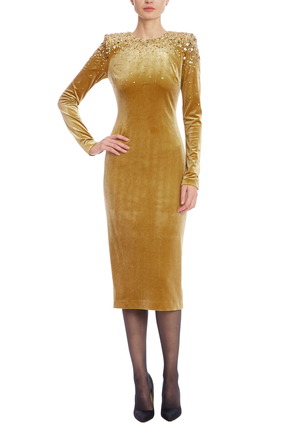 Gold Velvet Long Sleeve Beaded Shoulder Midi Dress by Badgley Mishcka