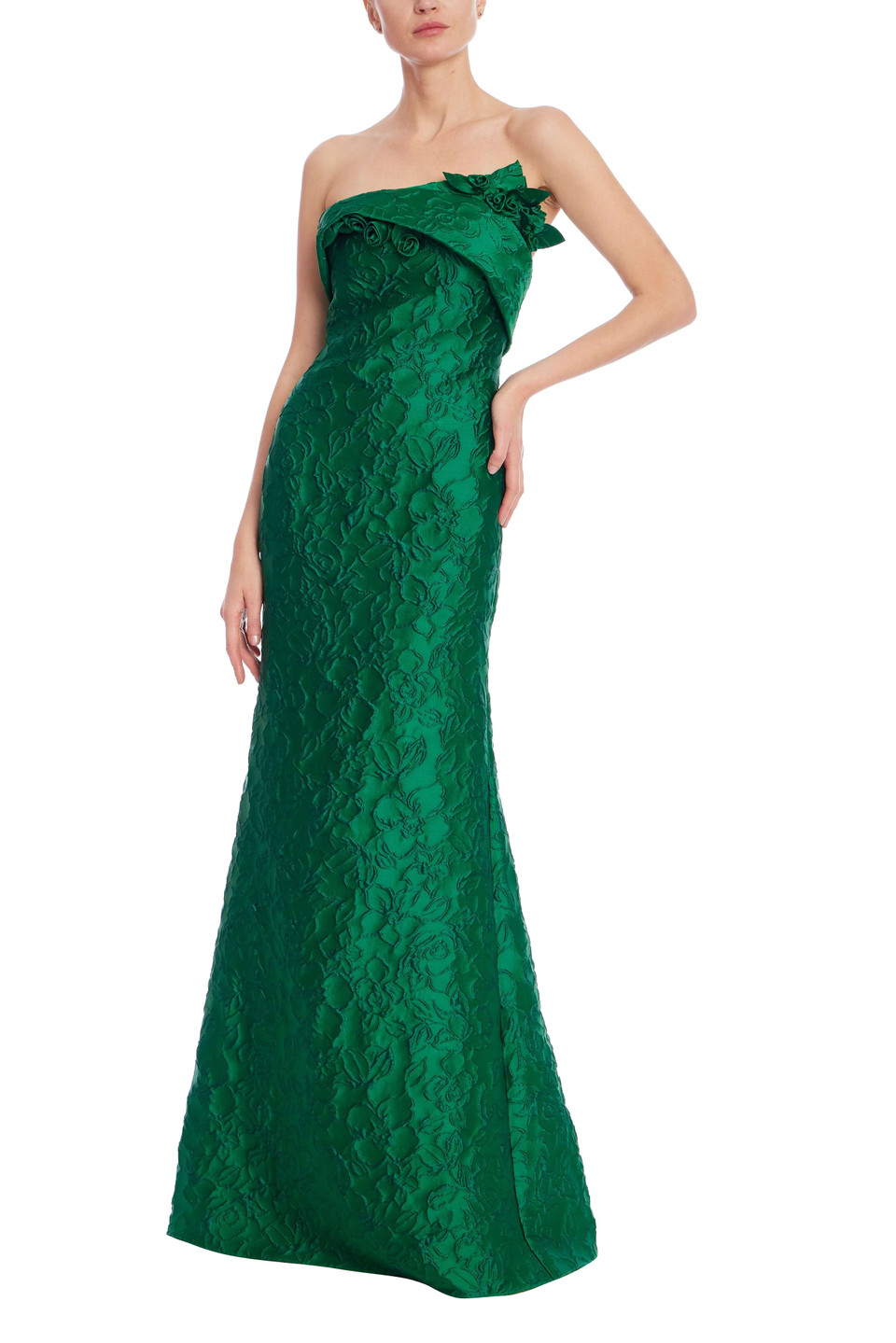 Emerald Green Strapless Floral Jacquard Mermaid Gown by Badgley