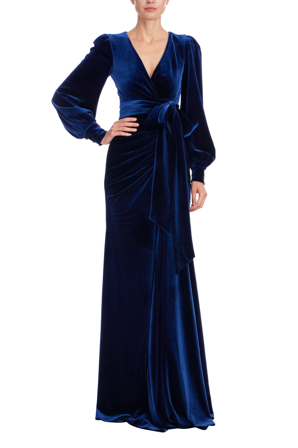 Navy Velvet Drape Gown with Puffed Sleeves by Badgley Mischka