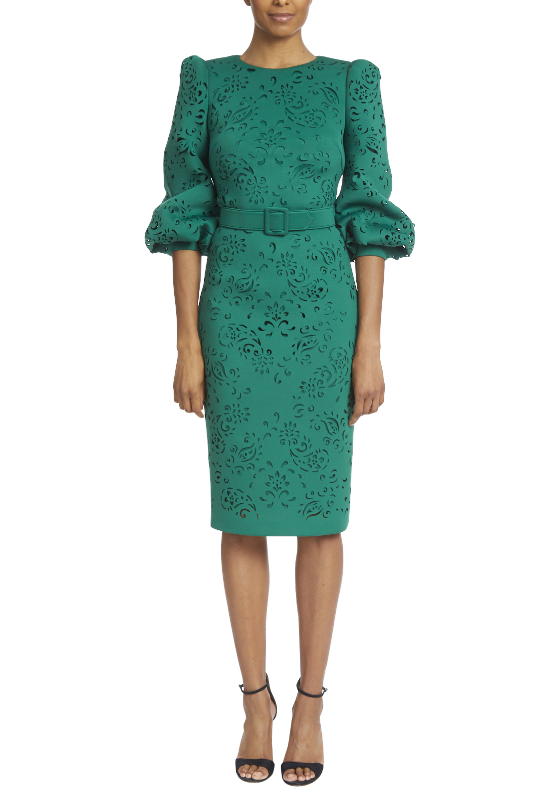 Puff-Shoulder, Laser-Cut Paisley Dress by Badgley Mischka