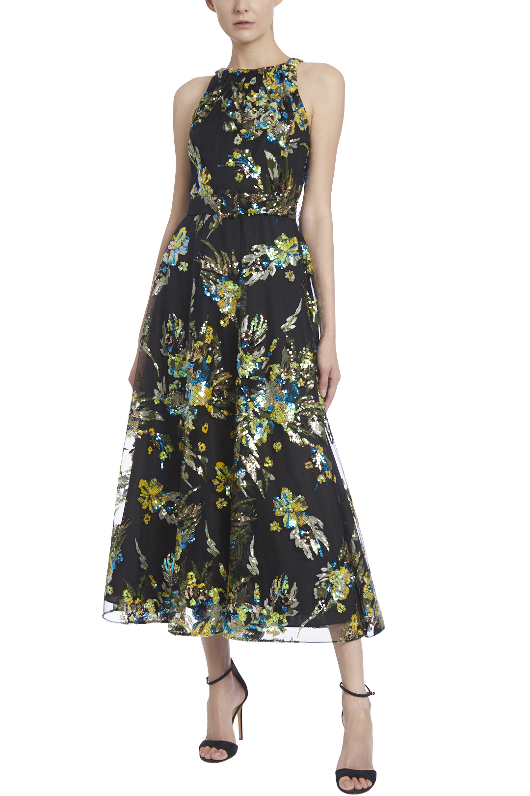 Floral Embroidery Belted Midi Gown by Badgley Mischka