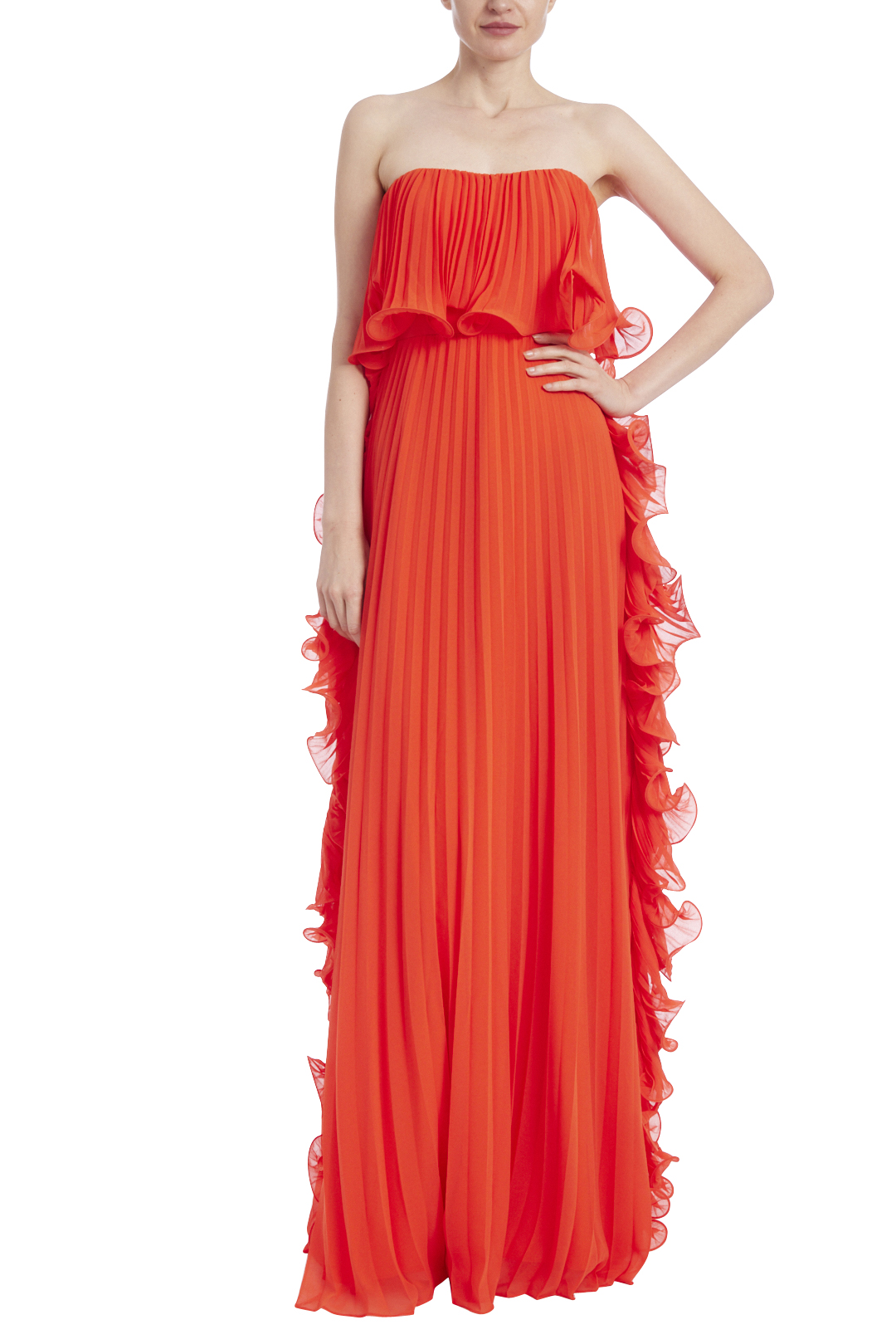 Pleated Strapless Dress with Side Ruffles by Badgley Mischka