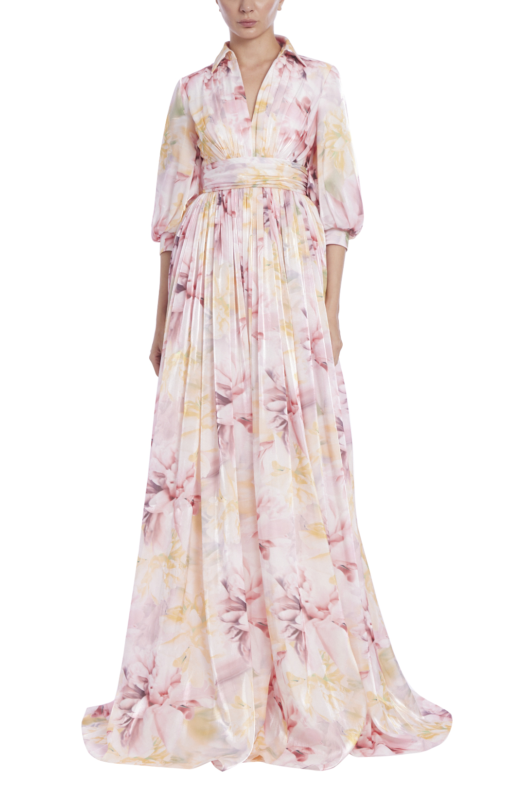 FLORAL PRINT COLOR BLOCK COLLAR NECKLINE MAXI DRESS (MULTI