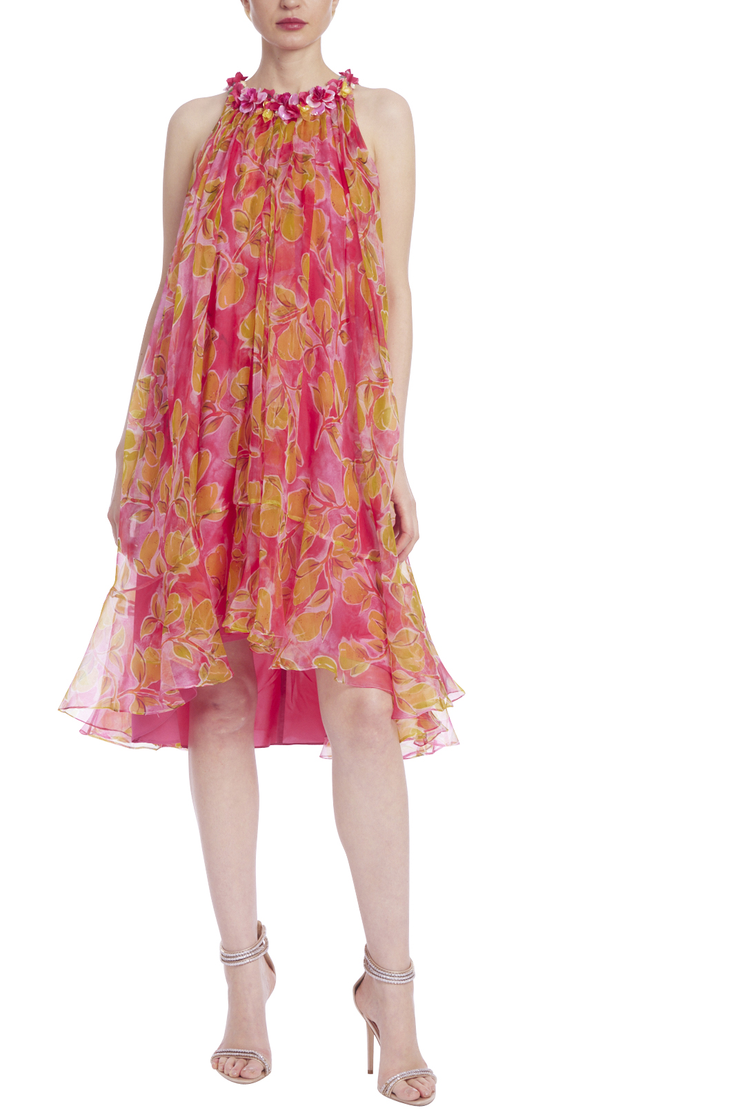 Printed Organza Trapeze Dress with Floral Trim by Badgley Mischka