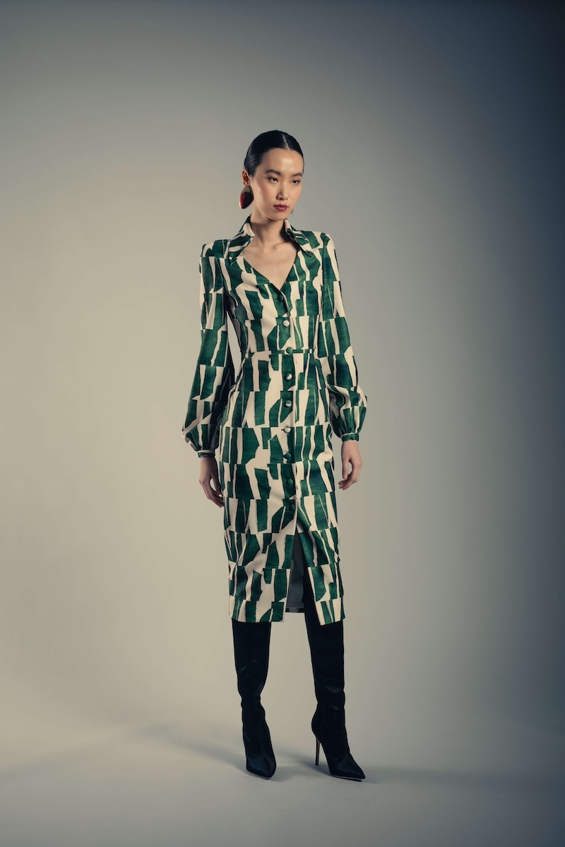 Geometric Print Long Sleeve Collard Dress