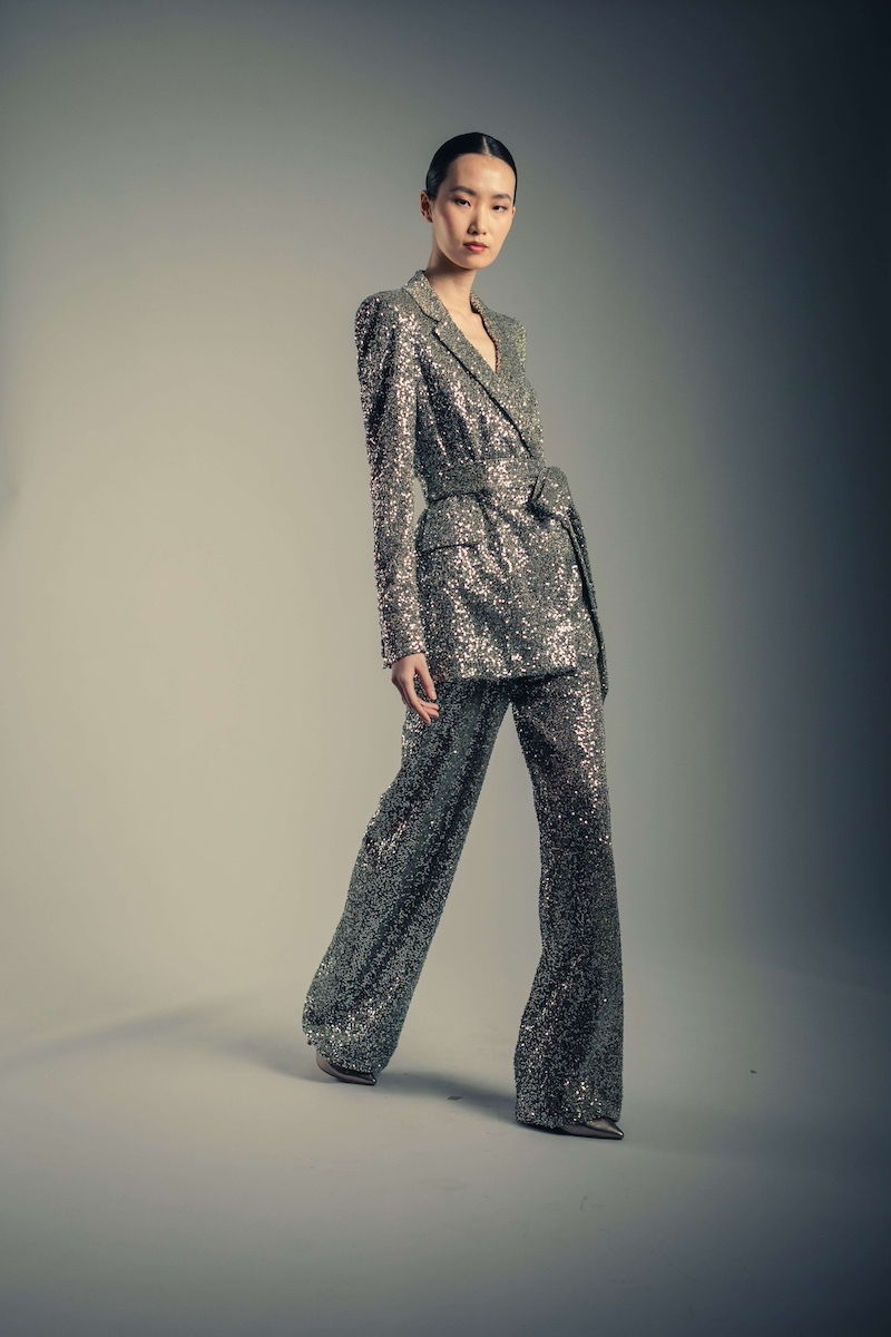 Gunmetal Sequin Belted Blazer