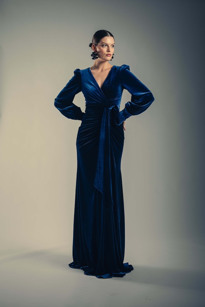 Navy Velvet Drape Gown with Puffed Sleeves