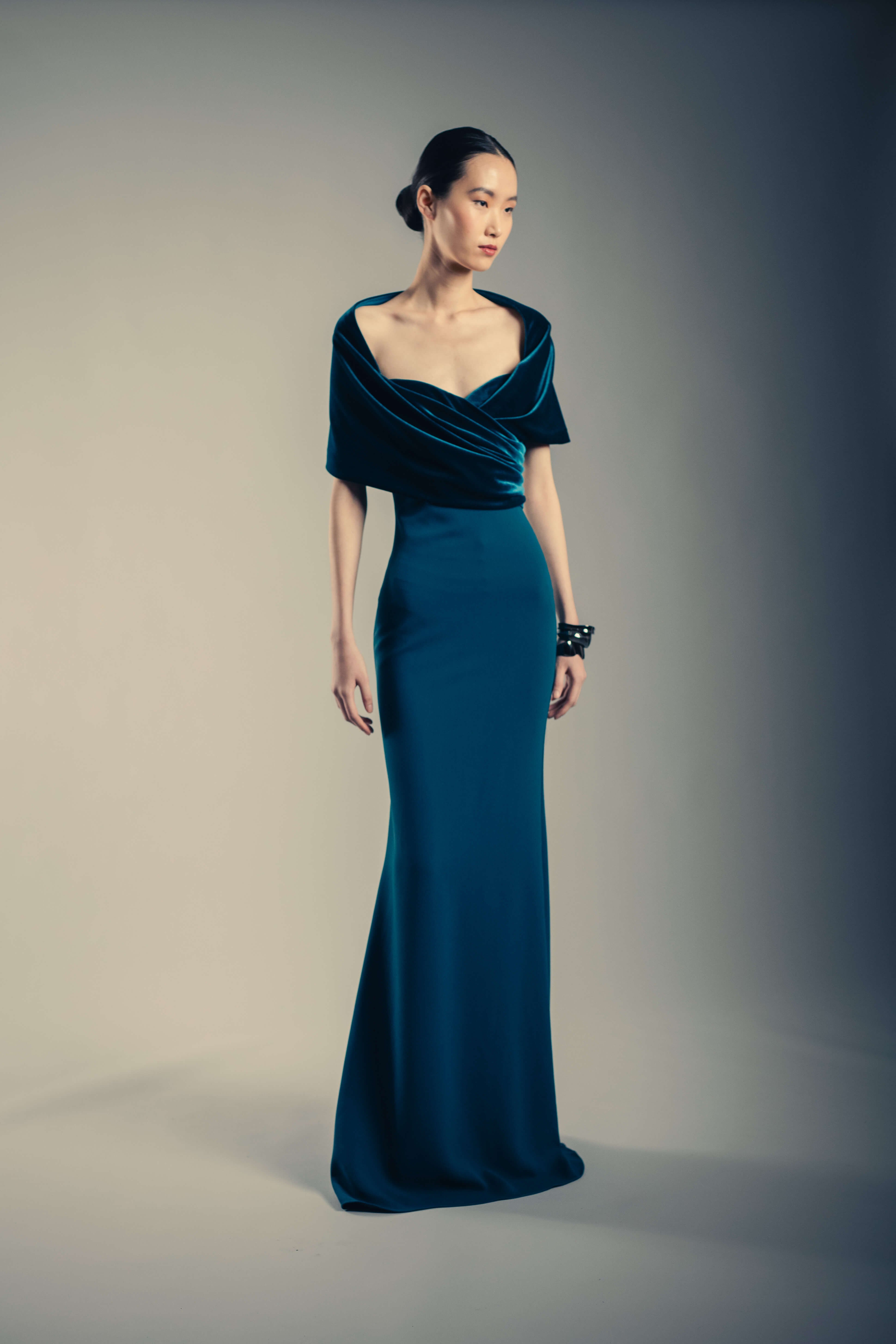 Teal Velvet & Crepe Cowl Neck Column Gown