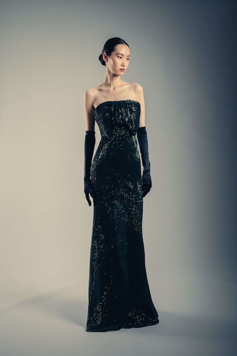 Sequin Strapless Mermaid Gown with Bow Front